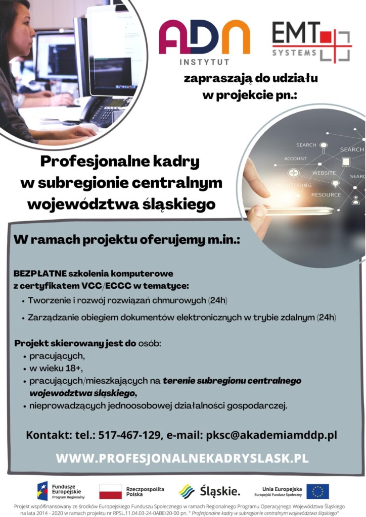 Plakat promocyjny: Wojewódzki Urząd Pracy w Katowicach - BEZPŁATNE szkolenia komputerowe.
