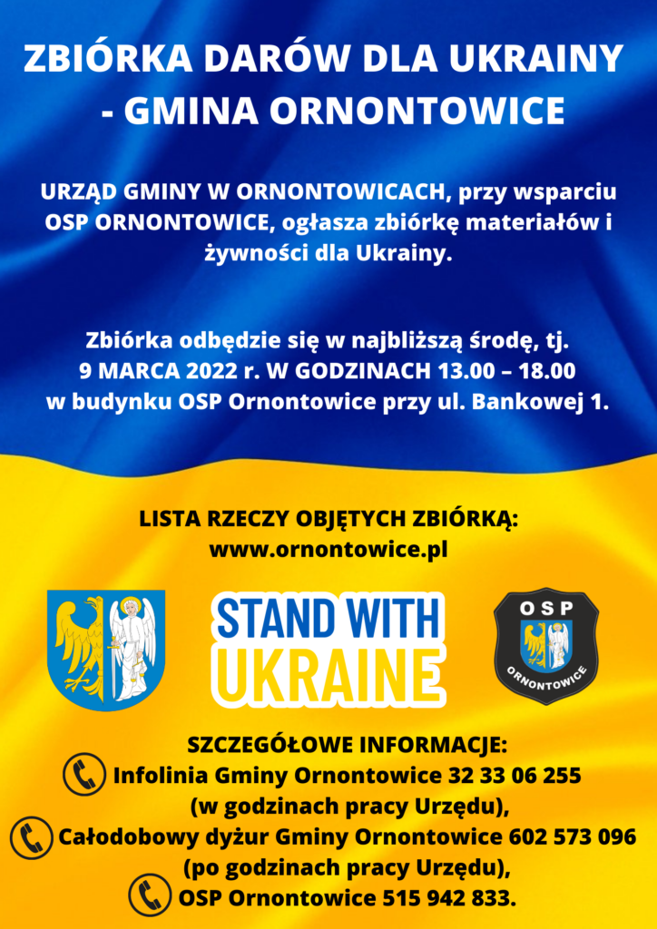 Plakat promocyjny - zbiórka darów dla Ukrainy - Gmina Ornontowice.
