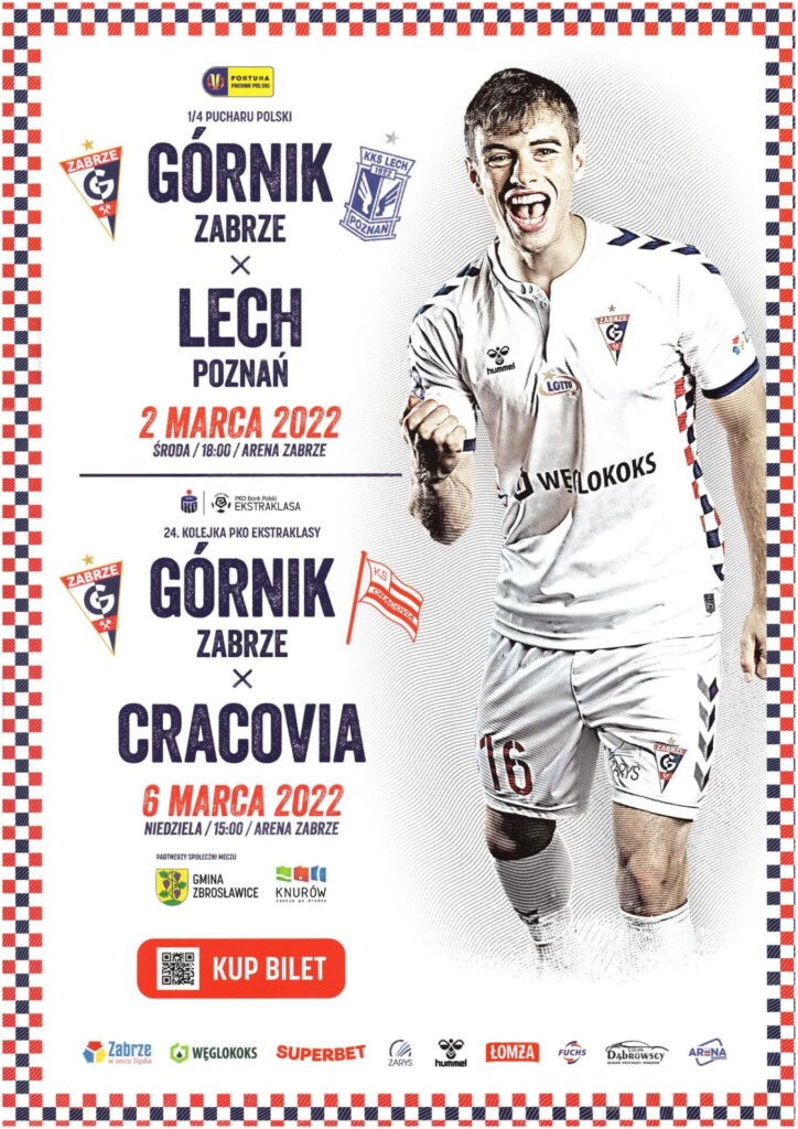 Plakat promocyjny Górnika Zabrze - zaproszenie na mecze.