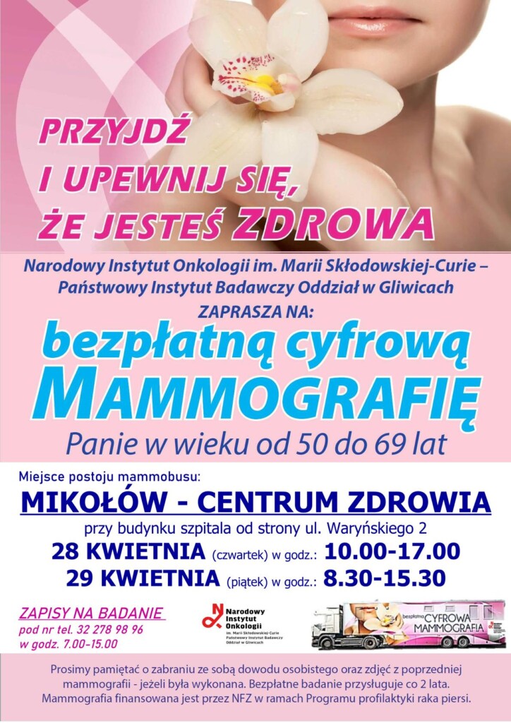 Plakat promocyjny - bezpłatna cyfrowa mammografia.