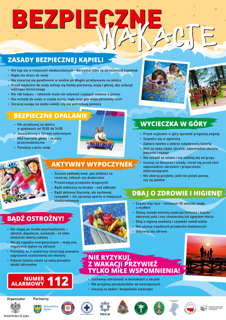 Plakat informacyjny akcji "Bezpieczne Wakacje 2022".