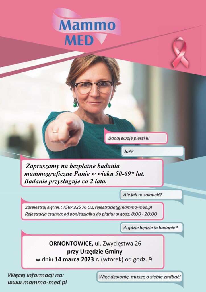 Plakat promocyjny: bezpłatne badania mammograficzne.
