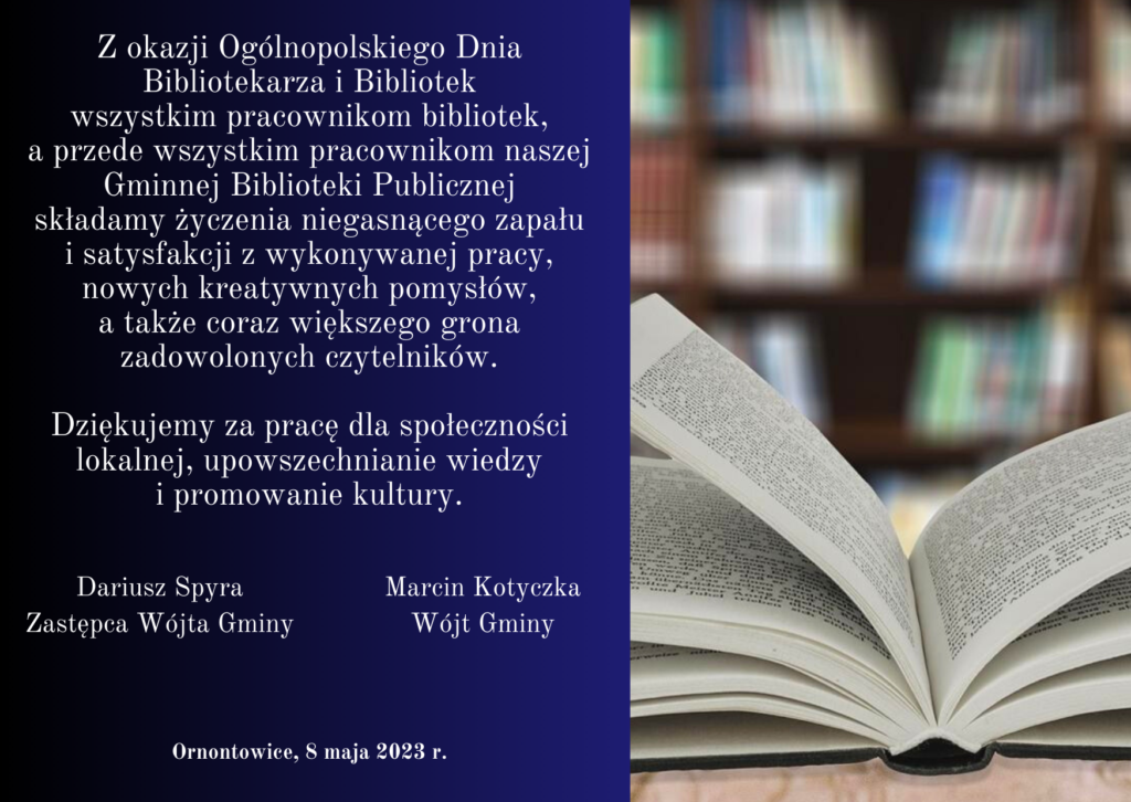 Grafika: życzenia na Ogólnopolski Dzień Bibliotekarza i Bibliotek - 8 maja