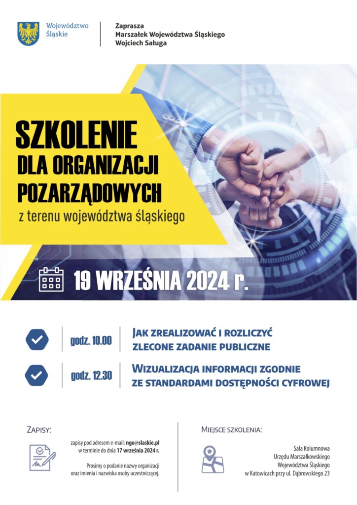 Plakat dot. bezpłatnego szkolenia dedykowanego organizacjom pozarządowym oraz podmiotom wymienionych w art. 3 ust. 3 ustawy o działalności pożytku publicznego i o wolontariacie 