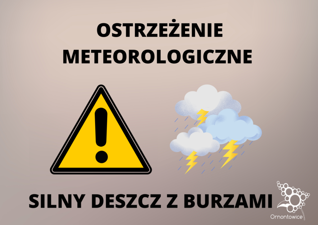 Grafika promocyjna z napisem: ostrzeżenie meteorologiczne - silny deszcz z burzami.