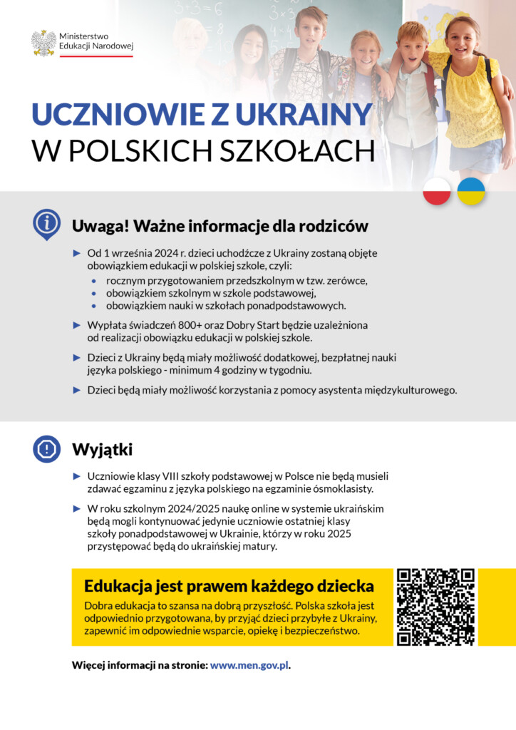 Plakat dot. obowiązku szkolnego i obowiązku nauki w Polsce dla uczniów z Ukrainy