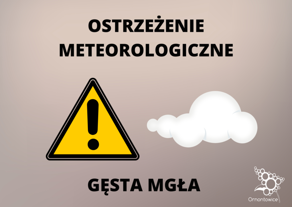 Grafika z napisem: ostrzeżenie meteorologiczne - gęsta mgła. 