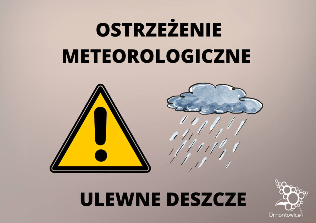 Grafika promocyjna z napisem: ostrzeżenie meteorologiczne - ulewne deszcze. 