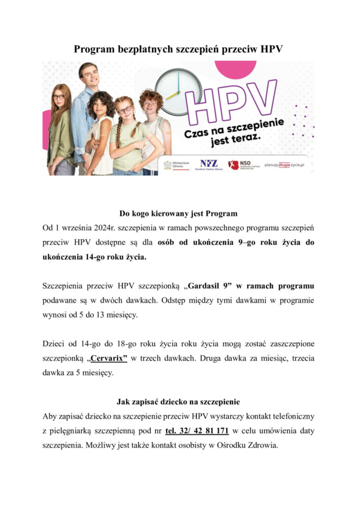 Plakat promocyjny - program bezpłatnych szczepień przeciw HPV. 