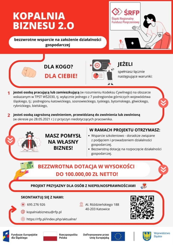 Plakat dot. projektu pn. "KOPALNIA BIZNESU 2.0 - bezzwrotne wsparcie na założenie własnej działalności"