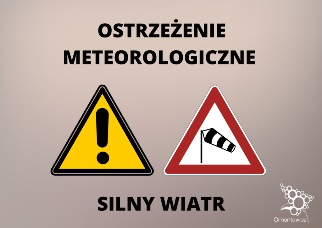 Grafika promocyjna z napisem: ostrzeżenie meteorologiczne - silny wiatr. 