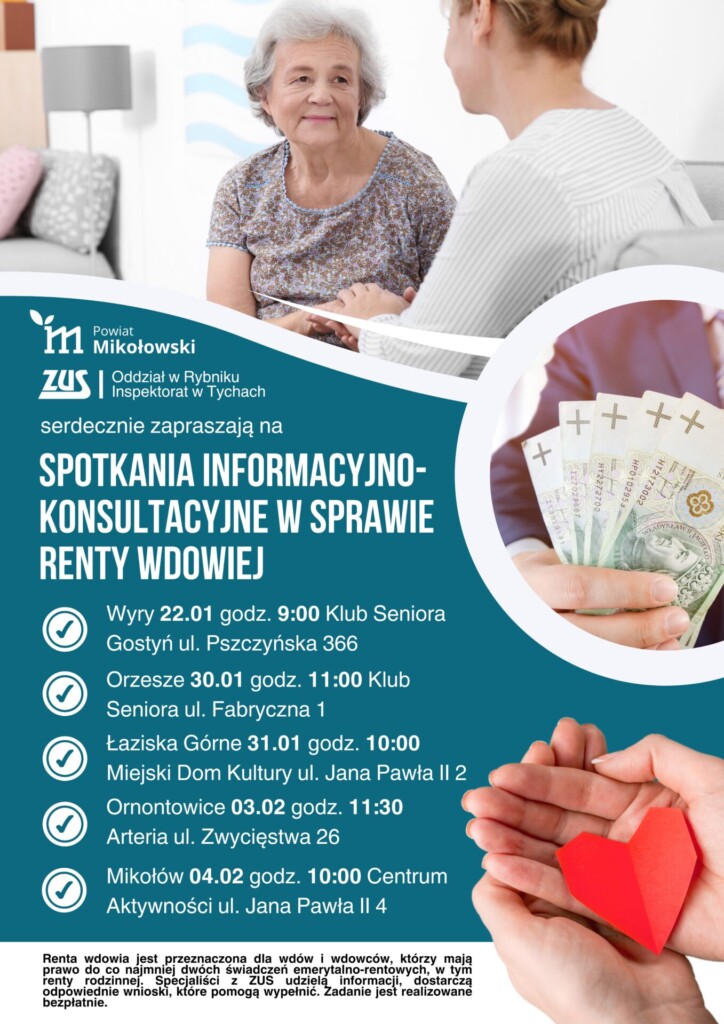 Plakat: Spotkanie konsultacyjno - informacyjne z ZUS w sprawie renty wdowiej