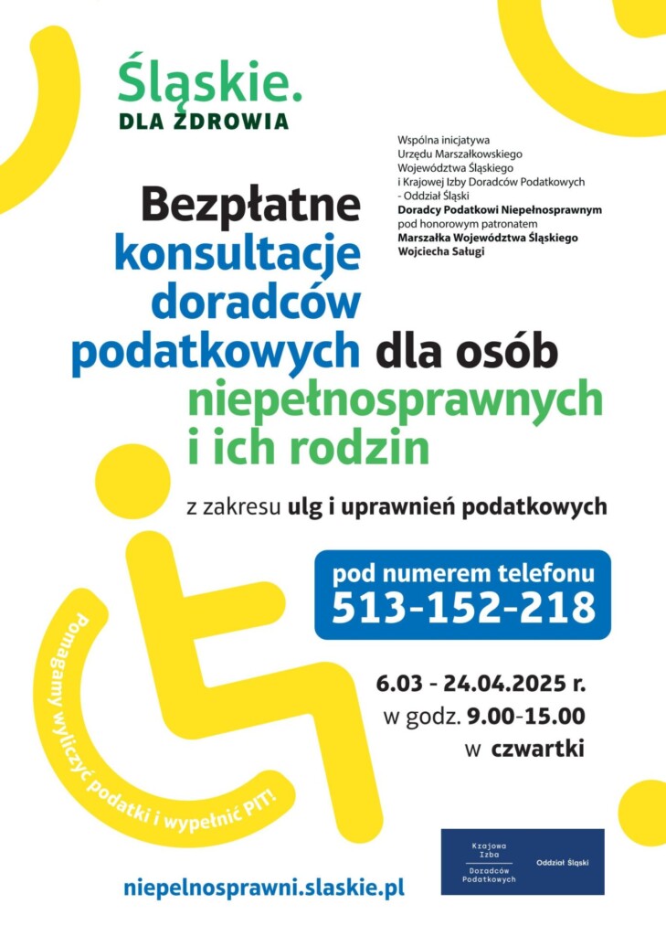 Plakat dot. bezpłatnych konsultacji doradców podatkowych dla osób niepełnosprawnych i ich rodzin