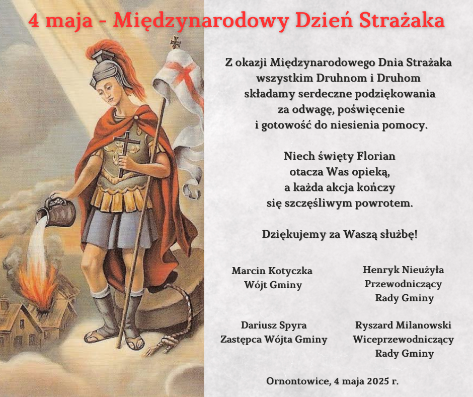 Grafika promocyjna z życzeniami z okazji Międzynarodowego Dnia Strażaka.