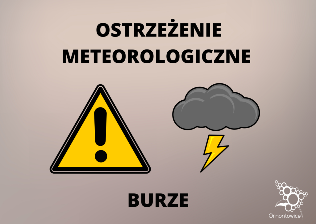 Grafika promocyjna z napisem: ostrzeżenie meteorologiczne - burze. 