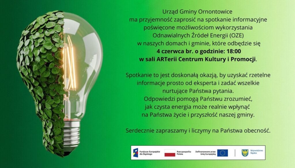 Grafika promocyjna z zaproszenie na spotkanie - Odnawialne Źródła Energii. 