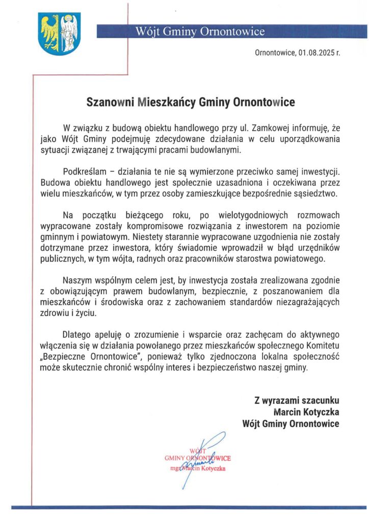 Zdjęcie z tekstem apelu Wójta Gminy Ornontowice. 
