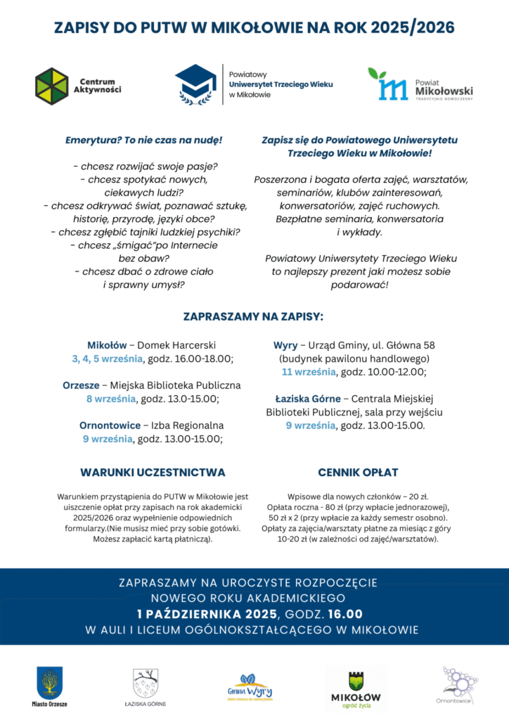 Plakat: Zapisy do Powiatowego Uniwersytetu Trzeciego Wieku w Mikołowie na rok 2025/2026 