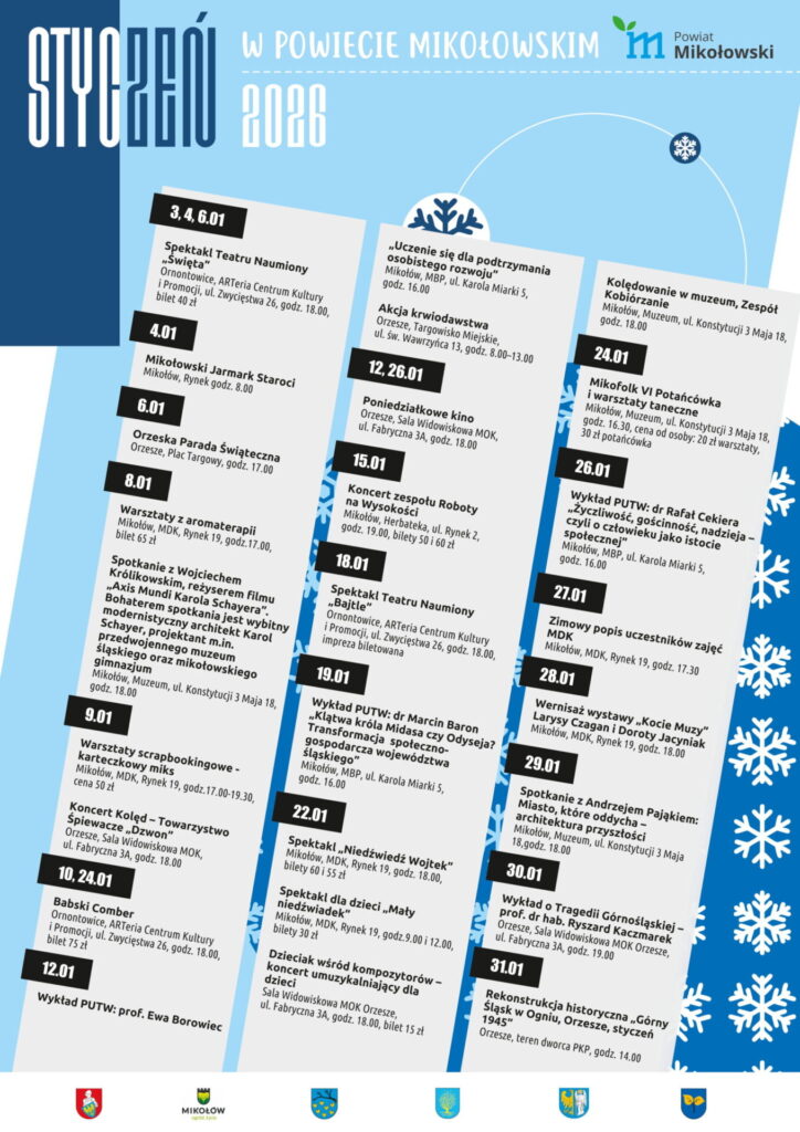 Plakat imprez organizowanych w powiecie mikołowskim w styczniu 2026 r.