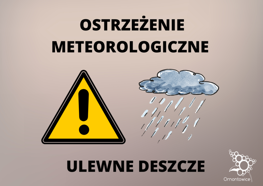 Grafika promocyjna z napisem: ostrzeżenie meteorologiczne - ulewne deszcze.