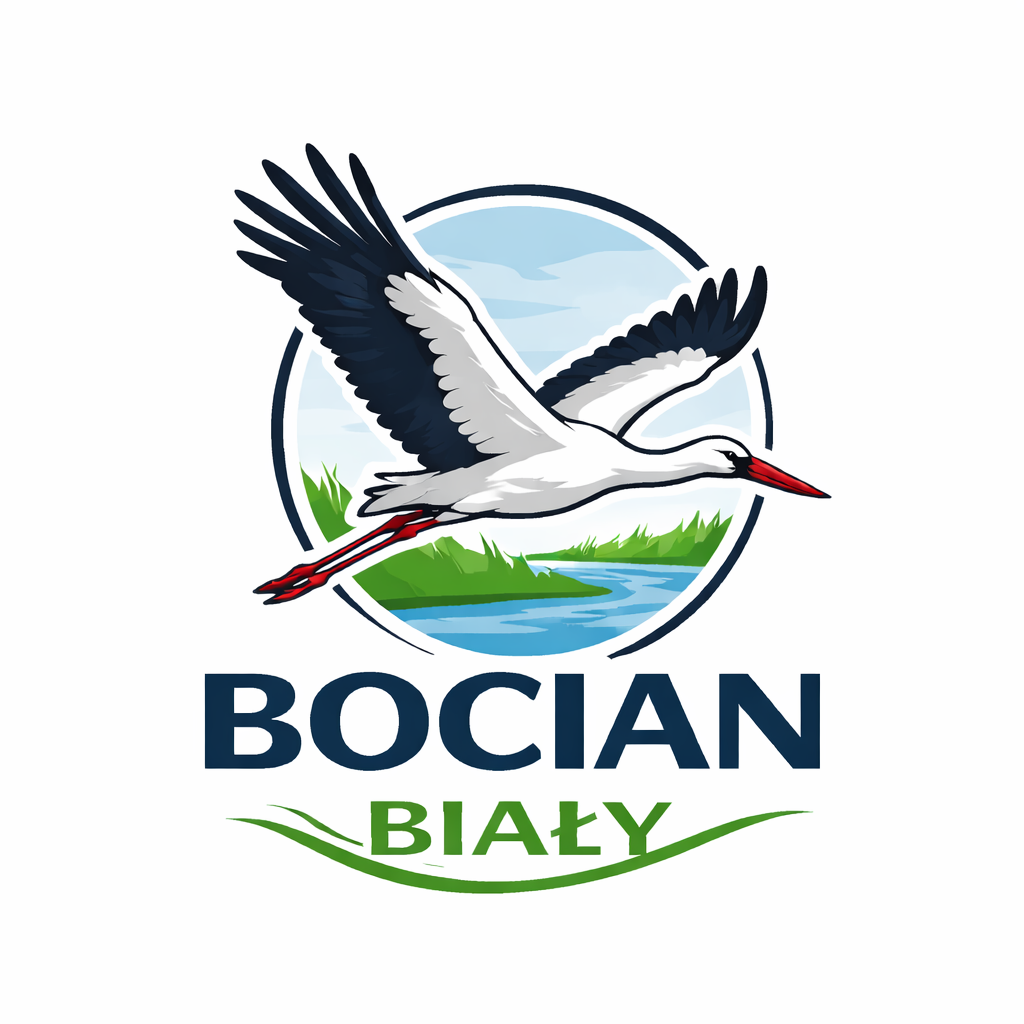 Grafika promocyjna z rysunkiem bociana i napisem: bocian biały.