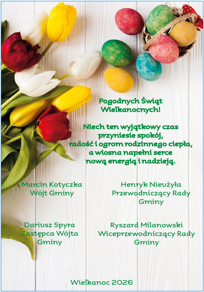 Plakat promocyjny z treścią życzeń wielkanocnych. 