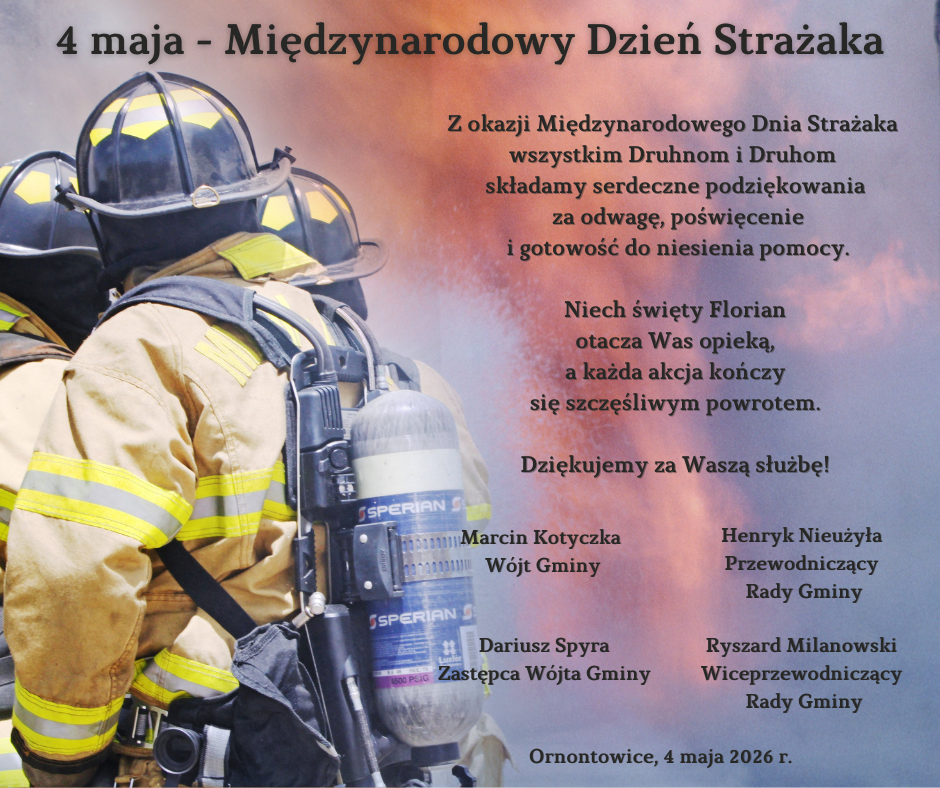 Grafika promocyjna z życzeniami z okazji Międzynarodowego Dnia Strażaka. 