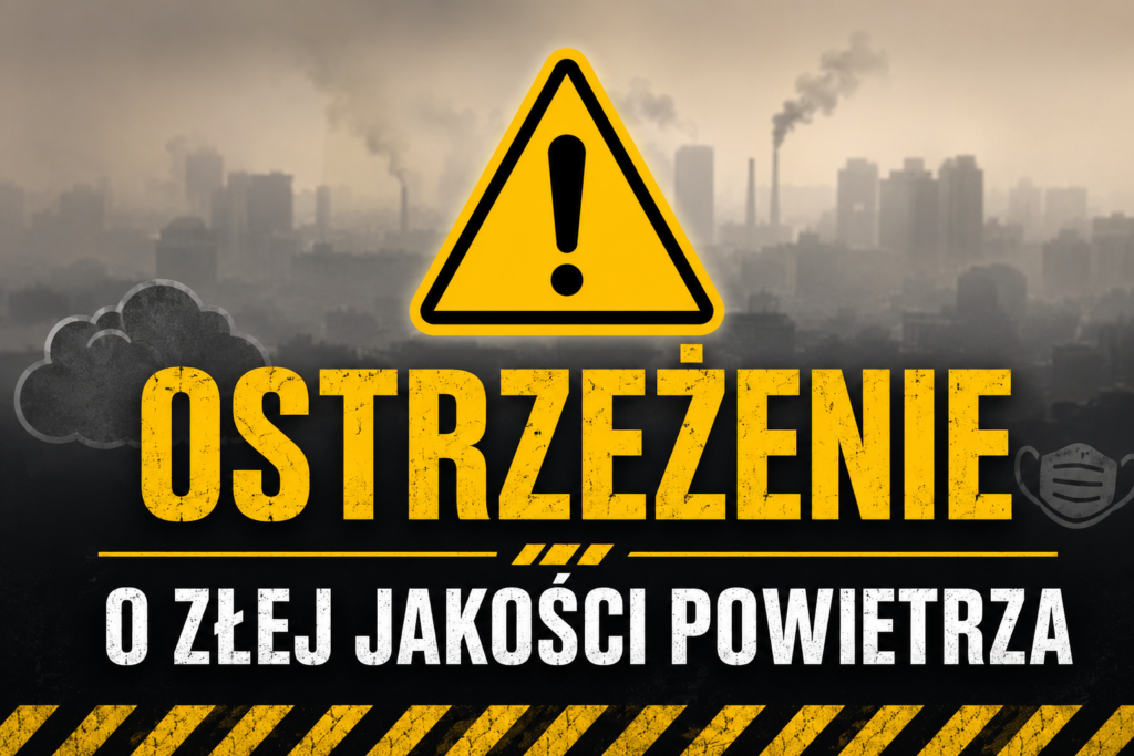Grafika promocyjna z napisem: ostrzeżenie o złej jakości powietrza.